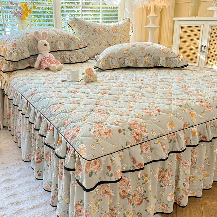 91家纺网 家纺一手货源 找家纺 优家居 2025新品水洗棉夹棉床裙四件套韩版糯糯棉水洗皱皱纱床罩被套直播爆款 花花田园