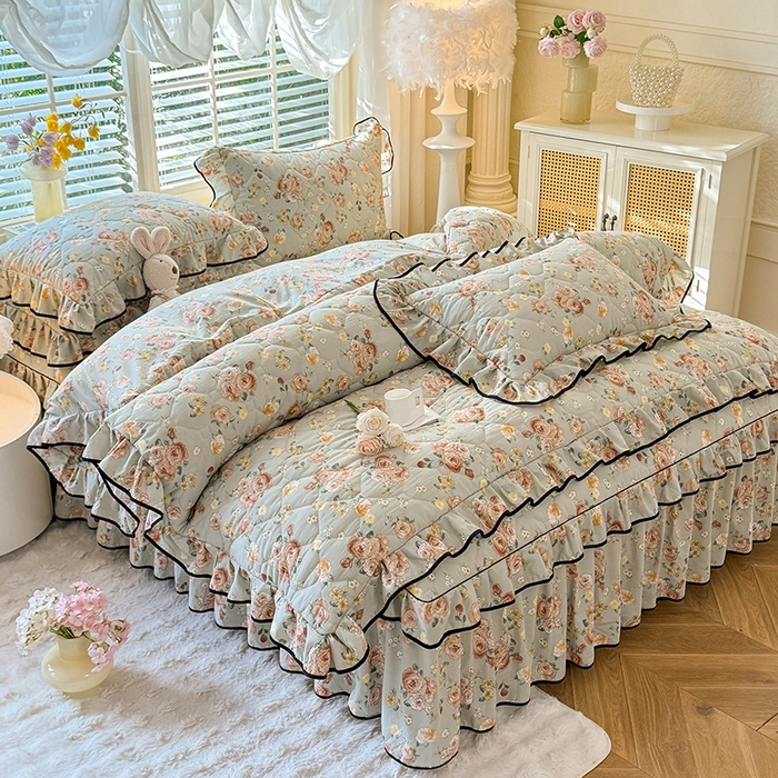 91家纺网 家纺一手货源 找家纺 优家居 2025新品水洗棉夹棉床裙四件套韩版糯糯棉水洗皱皱纱床罩被套直播爆款 花花田园