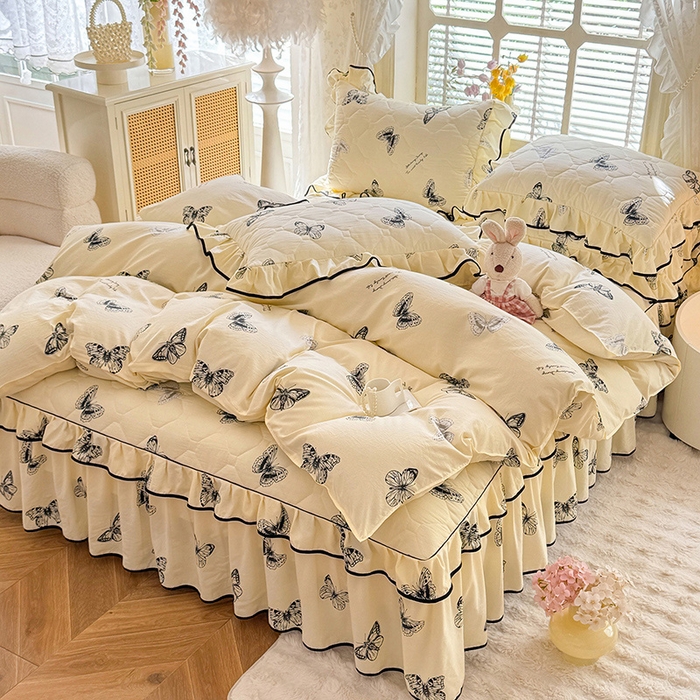 91家纺网 家纺一手货源 找家纺 优家居 2025新品水洗棉夹棉床裙四件套韩版糯糯棉水洗皱皱纱床罩被套直播爆款 蝶舞芳华