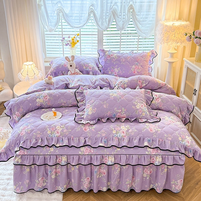 91家纺网 家纺一手货源 找家纺 优家居 2025新品水洗棉夹棉床裙四件套韩版糯糯棉水洗皱皱纱床罩被套直播爆款 秘园絮语