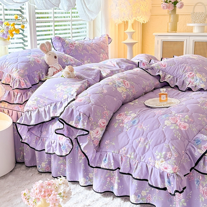 91家纺网 家纺一手货源 找家纺 优家居 2025新品水洗棉夹棉床裙四件套韩版糯糯棉水洗皱皱纱床罩被套直播爆款 秘园絮语