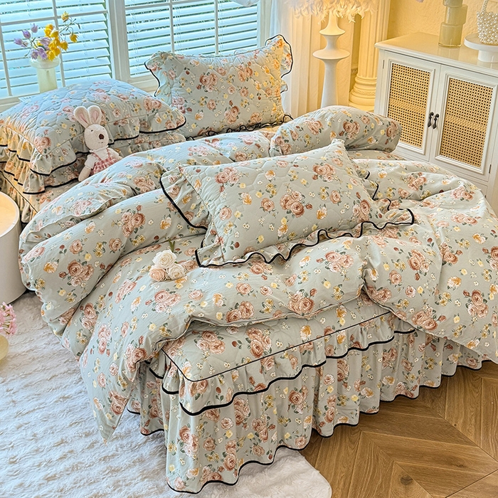 优家居 2025新品水洗棉夹棉床裙四件套韩版糯糯棉水洗皱皱纱床罩被套直播爆款 花花田园