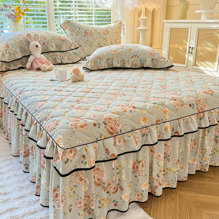 91家纺网 家纺一手货源 找家纺 优家居 2025新品水洗棉夹棉床裙四件套韩版糯糯棉水洗皱皱纱床罩被套直播爆款 花花田园