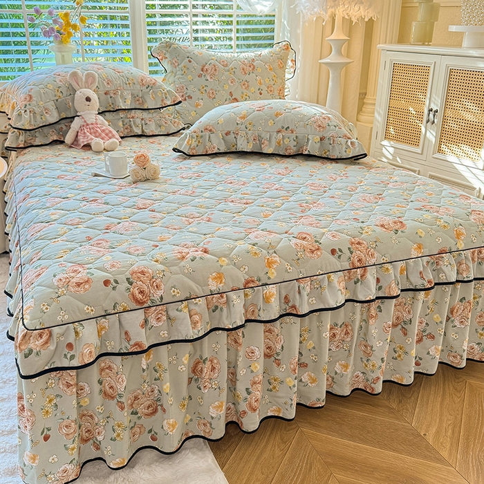 91家纺网 家纺一手货源 找家纺 优家居 2025新品水洗棉夹棉床裙四件套韩版糯糯棉水洗皱皱纱床罩被套直播爆款 花花田园