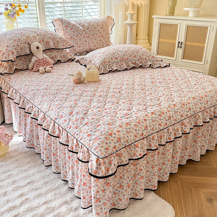 91家纺网 家纺一手货源 找家纺 优家居 2025新品水洗棉夹棉床裙四件套韩版糯糯棉水洗皱皱纱床罩被套直播爆款 陌上花开