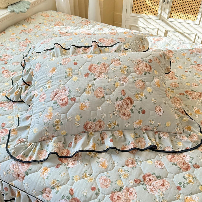 91家纺网 家纺一手货源 找家纺 优家居 2025新品水洗棉夹棉床裙四件套韩版糯糯棉水洗皱皱纱床罩被套直播爆款 花花田园