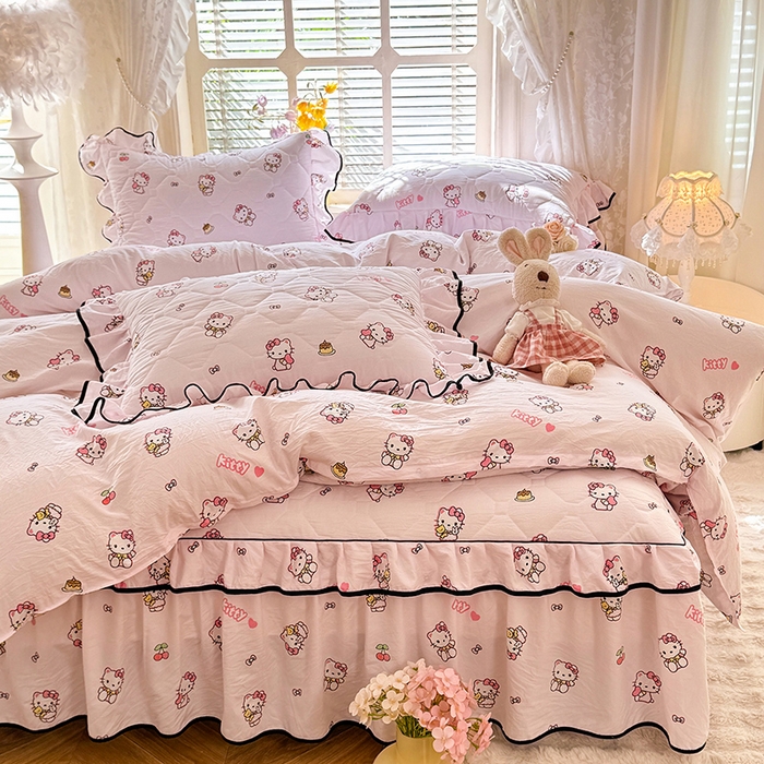 91家纺网 家纺一手货源 找家纺 优家居 2025新品水洗棉夹棉床裙四件套韩版糯糯棉水洗皱皱纱床罩被套直播爆款 粉色猫猫