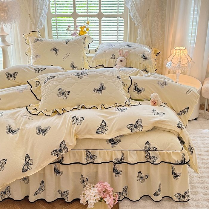 91家纺网 家纺一手货源 找家纺 优家居 2025新品水洗棉夹棉床裙四件套韩版糯糯棉水洗皱皱纱床罩被套直播爆款 蝶舞芳华