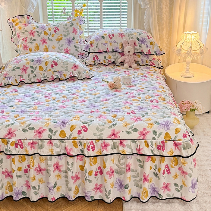 91家纺网 家纺一手货源 找家纺 优家居 2025新品水洗棉夹棉床裙四件套韩版糯糯棉水洗皱皱纱床罩被套直播爆款 繁花似锦