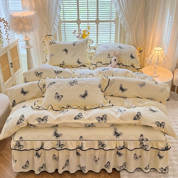 91家纺网 家纺一手货源 找家纺 优家居 2025新品水洗棉夹棉床裙四件套韩版糯糯棉水洗皱皱纱床罩被套直播爆款 蝶舞芳华