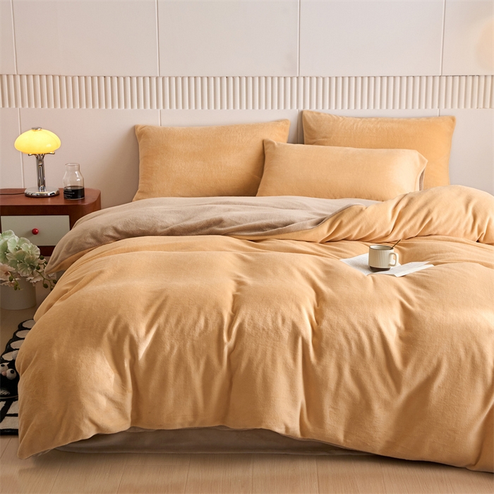 91家纺网 家纺一手货源 找家纺 乐居家纺 2025新款200克重纯色单面绒牛奶绒四件套 雏菊黄+奶油驼