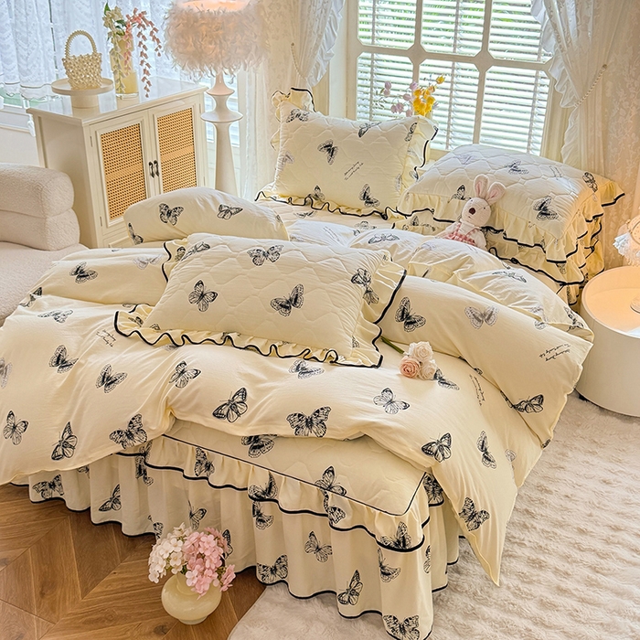 91家纺网 家纺一手货源 找家纺 优家居 2025新品水洗棉夹棉床裙四件套韩版糯糯棉水洗皱皱纱床罩被套直播爆款 蝶舞芳华