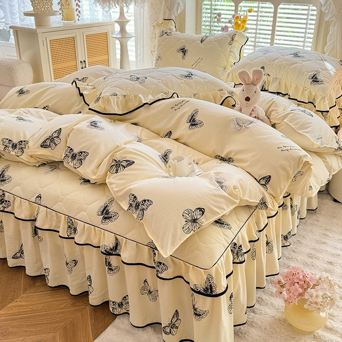 91家纺网 家纺一手货源 找家纺 优家居 2025新品水洗棉夹棉床裙四件套韩版糯糯棉水洗皱皱纱床罩被套直播爆款 蝶舞芳华