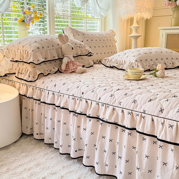 91家纺网 家纺一手货源 找家纺 优家居 2025新品水洗棉夹棉床裙四件套韩版糯糯棉水洗皱皱纱床罩被套直播爆款 爱心蝴蝶结