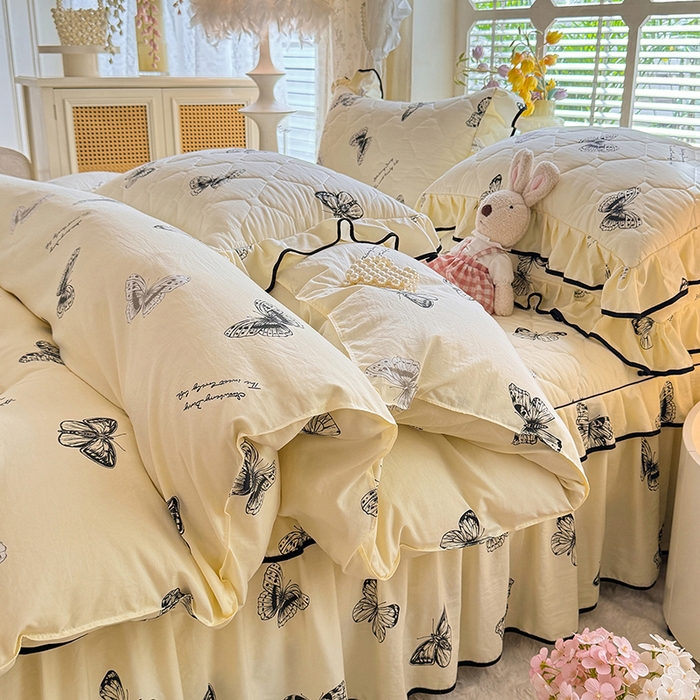 91家纺网 家纺一手货源 找家纺 优家居 2025新品水洗棉夹棉床裙四件套韩版糯糯棉水洗皱皱纱床罩被套直播爆款 蝶舞芳华