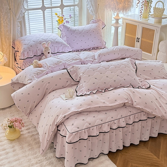 优家居 2025新品水洗棉夹棉床裙四件套韩版糯糯棉水洗皱皱纱床罩被套直播爆款 粉雾结语