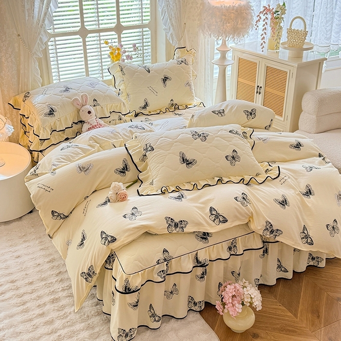 91家纺网 家纺一手货源 找家纺 （总）优家居 2025新品水洗棉夹棉床裙四件套韩版糯糯棉水洗皱皱纱床罩被套直播爆款