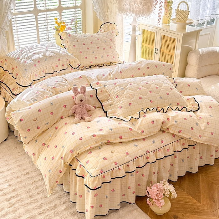 优家居 2025新品水洗棉夹棉床裙四件套韩版糯糯棉水洗皱皱纱床罩被套直播爆款 莓好时光