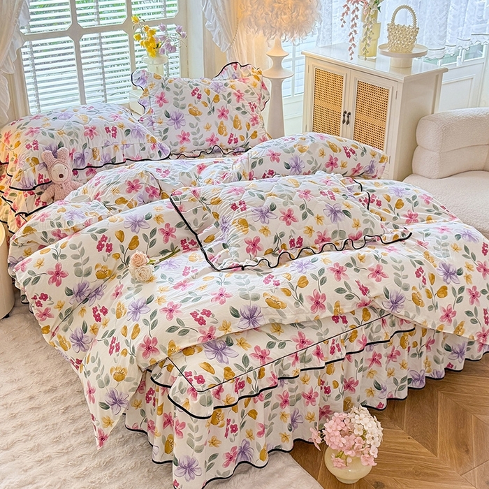 优家居 2025新品水洗棉夹棉床裙四件套韩版糯糯棉水洗皱皱纱床罩被套直播爆款 繁花似锦