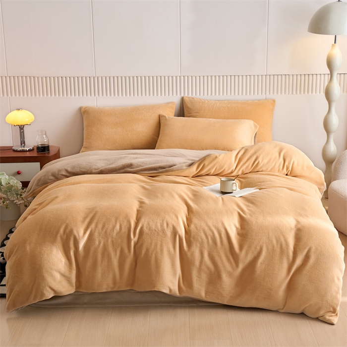 91家纺网 家纺一手货源 找家纺 乐居家纺 2025新款200克重纯色单面绒牛奶绒四件套 雏菊黄+奶油驼