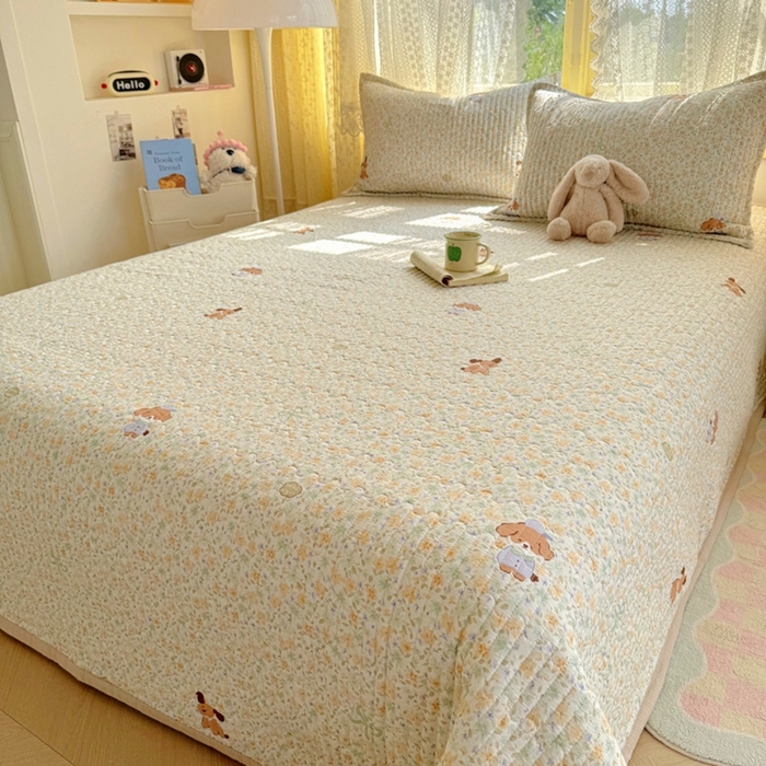 91家纺网 家纺一手货源 找家纺 优兰朵 2025新款夹棉印花包边单床盖 床盖单件 包边床盖-萌宠绿