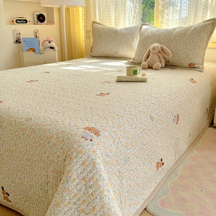 91家纺网 家纺一手货源 找家纺 优兰朵 2025新款夹棉印花包边单床盖 床盖单件 包边床盖-萌宠绿