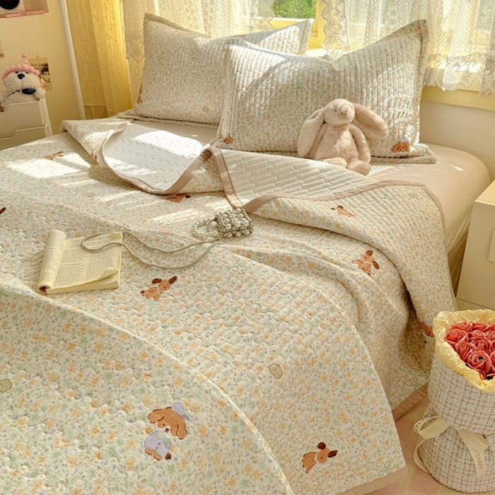 91家纺网 家纺一手货源 找家纺 优兰朵 2025新款夹棉印花包边单床盖 床盖单件 包边床盖-萌宠绿