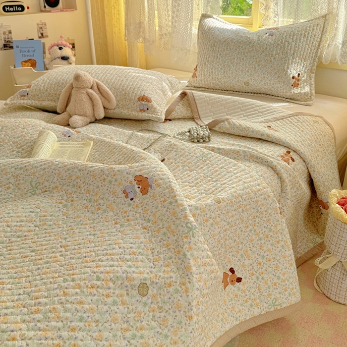 91家纺网 家纺一手货源 找家纺 优兰朵 2025新款夹棉印花包边单床盖 床盖单件 包边床盖-萌宠绿