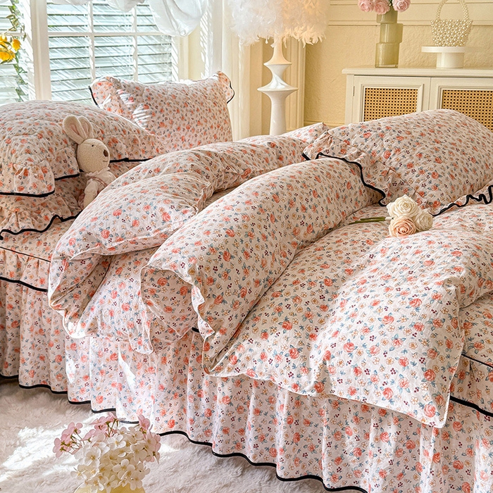 91家纺网 家纺一手货源 找家纺 优家居 2025新品水洗棉夹棉床裙四件套韩版糯糯棉水洗皱皱纱床罩被套直播爆款 陌上花开