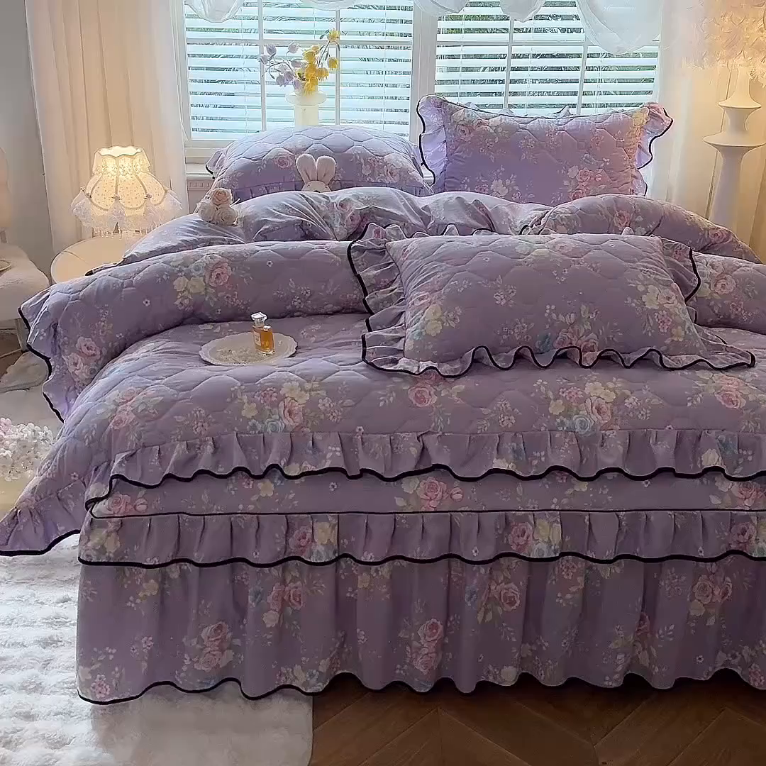 91家纺网 家纺一手货源 找家纺 优家居 2025新品水洗棉夹棉床裙四件套韩版糯糯棉水洗皱皱纱床罩被套直播爆款 秘园絮语