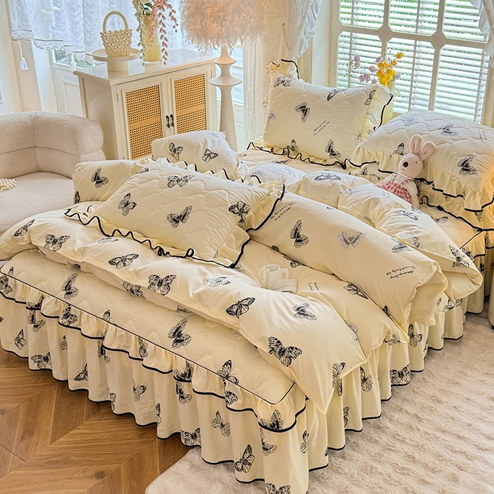 91家纺网 家纺一手货源 找家纺 优家居 2025新品水洗棉夹棉床裙四件套韩版糯糯棉水洗皱皱纱床罩被套直播爆款 蝶舞芳华