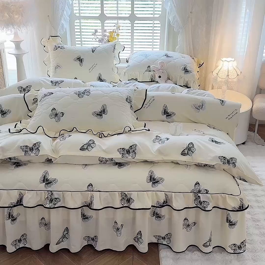 91家纺网 家纺一手货源 找家纺 优家居 2025新品水洗棉夹棉床裙四件套韩版糯糯棉水洗皱皱纱床罩被套直播爆款 蝶舞芳华