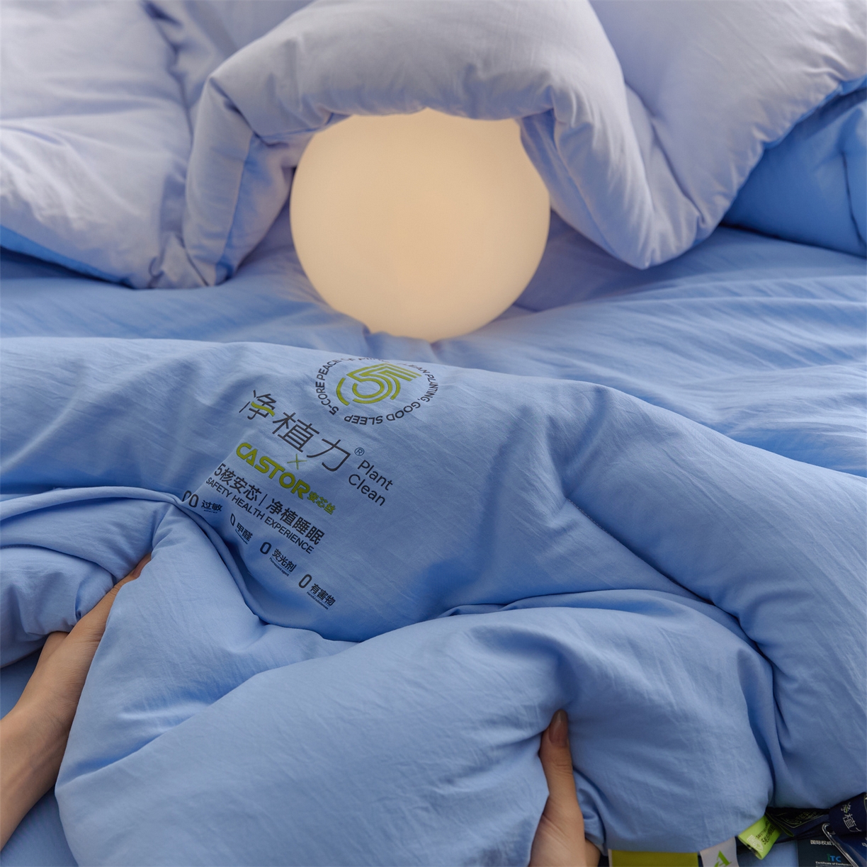 91家纺网 家纺一手货源 找家纺 头等舱 2025新款深睡 零压 软糯 净植力抗菌 防螨 防霉 低致敏 秋冬被（模特图） 清澄蓝