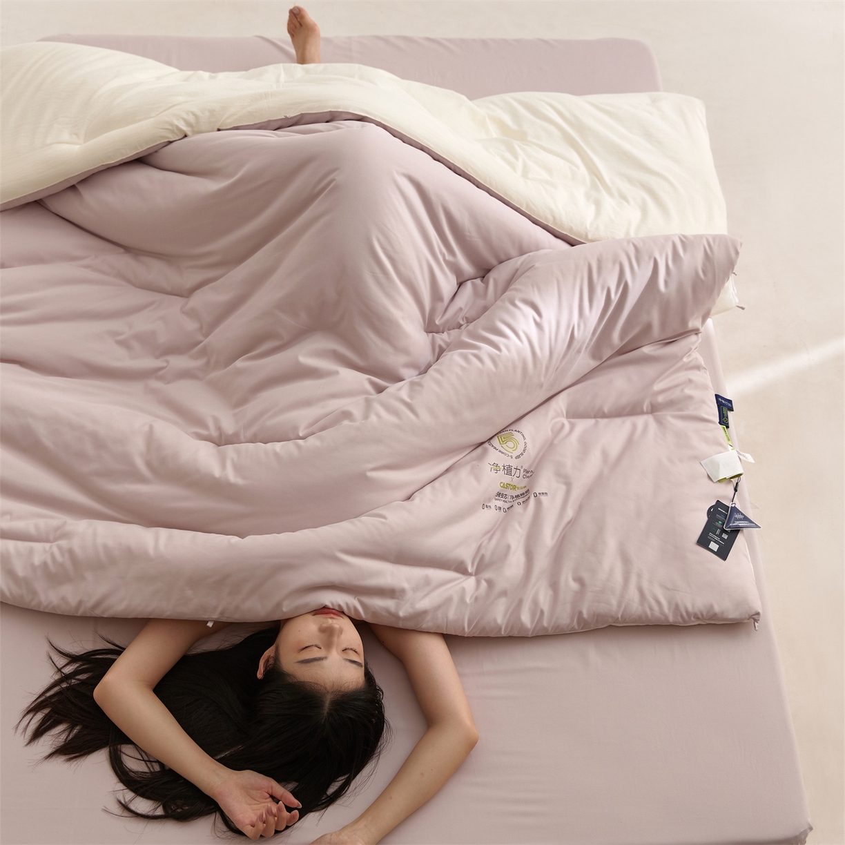 91家纺网 家纺一手货源 找家纺 头等舱 2025新款深睡 零压 软糯 净植力抗菌 防螨 防霉 低致敏 秋冬被（模特图） 融雾紫