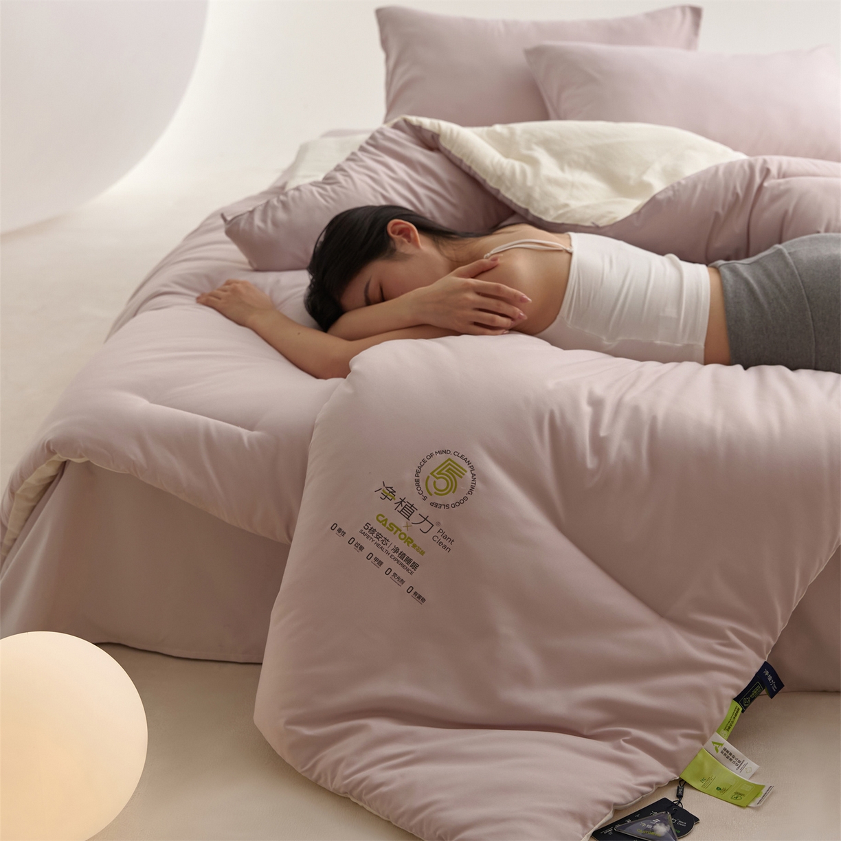 91家纺网 家纺一手货源 找家纺 头等舱 2025新款深睡 零压 软糯 净植力抗菌 防螨 防霉 低致敏 秋冬被（模特图） 融雾紫