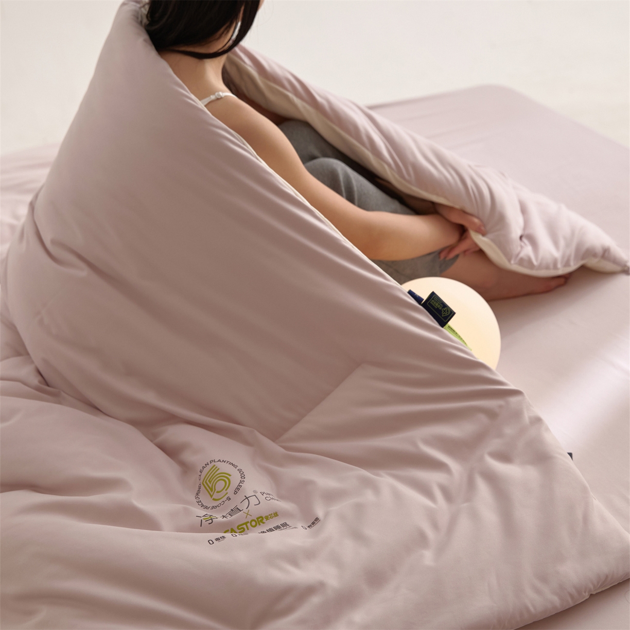 91家纺网 家纺一手货源 找家纺 头等舱 2025新款深睡 零压 软糯 净植力抗菌 防螨 防霉 低致敏 秋冬被（模特图） 融雾紫