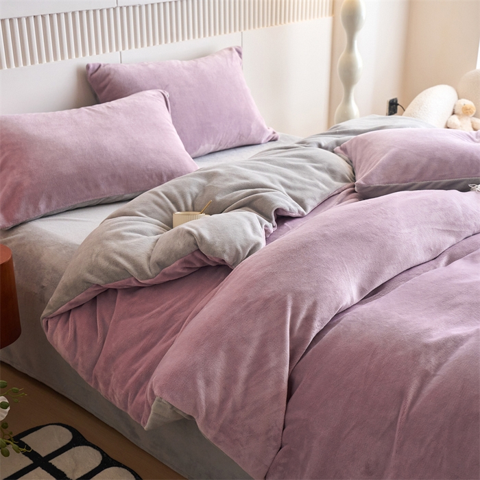 91家纺网 家纺一手货源 找家纺 乐居家纺 2025新款200克重纯色单面绒牛奶绒四件套 罗兰紫+绅士灰