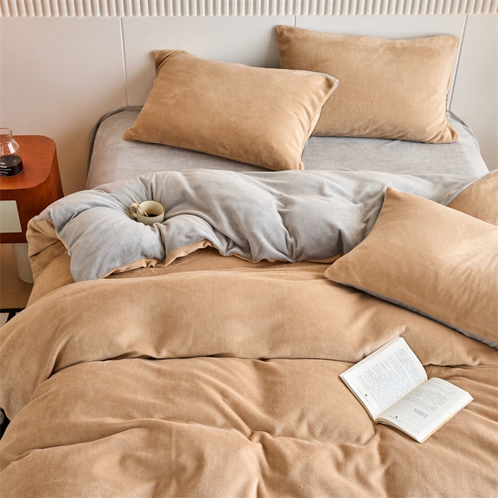 乐居家纺 2025新款200克重纯色单面绒牛奶绒四件套 奶油驼+绅士灰