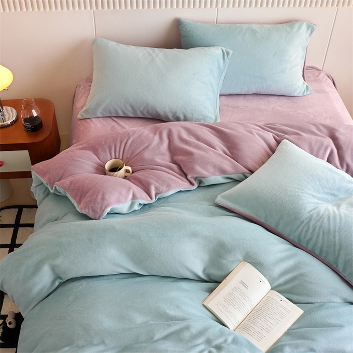 乐居家纺 2025新款200克重纯色单面绒牛奶绒四件套 浅星蓝+罗兰紫
