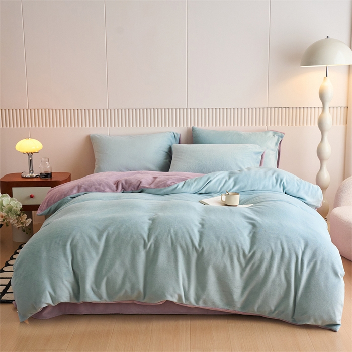 91家纺网 家纺一手货源 找家纺 乐居家纺 2025新款200克重纯色单面绒牛奶绒四件套 浅星蓝+罗兰紫