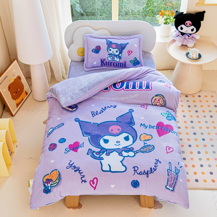 91家纺网 家纺一手货源 找家纺 乐秀家纺 2025新款大版三丽鸥牛奶绒被子六件套 甜点库洛米