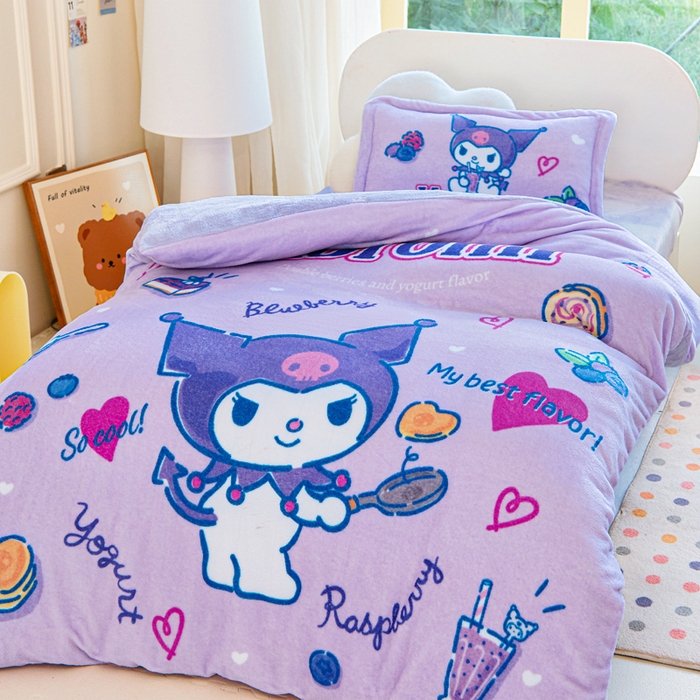 91家纺网 家纺一手货源 找家纺 乐秀家纺 2025新款大版三丽鸥牛奶绒被子六件套 甜点库洛米