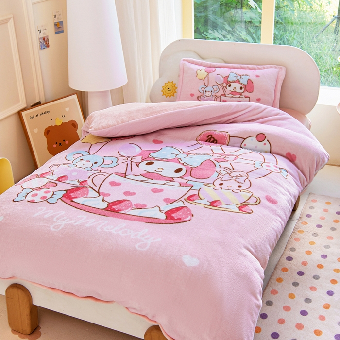 91家纺网 家纺一手货源 找家纺 乐秀家纺 2025新款大版三丽鸥牛奶绒被子六件套 魔法美乐蒂