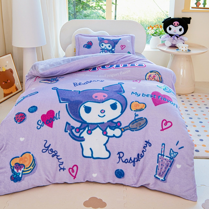 91家纺网 家纺一手货源 找家纺 乐秀家纺 2025新款大版三丽鸥牛奶绒被子六件套 甜点库洛米