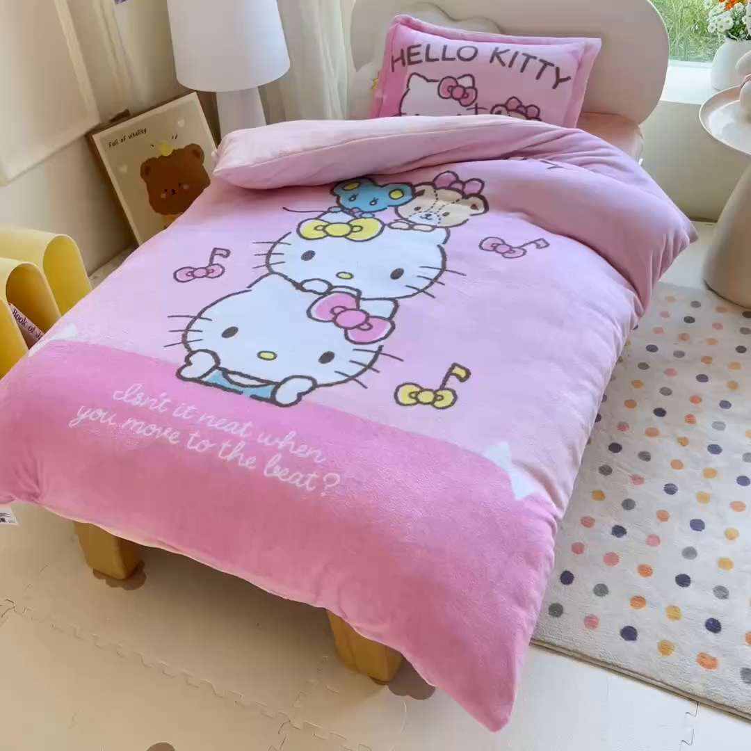 91家纺网 家纺一手货源 找家纺 乐秀家纺 2025新款大版三丽鸥牛奶绒被子六件套 公主KT