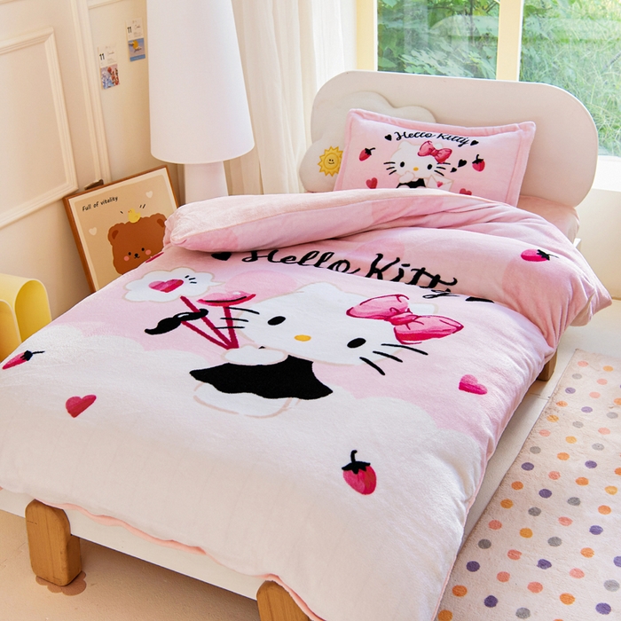 91家纺网 家纺一手货源 找家纺 乐秀家纺 2025新款大版三丽鸥牛奶绒被子六件套 奶萌KT