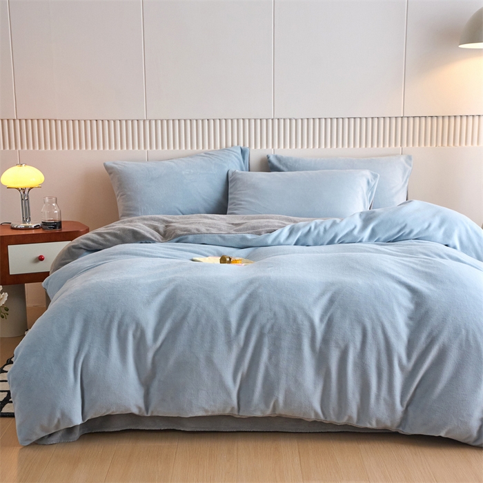 91家纺网 家纺一手货源 找家纺 乐居家纺 2025新款200克重纯色单面绒牛奶绒四件套 天空蓝+绅士灰