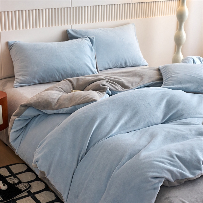 91家纺网 家纺一手货源 找家纺 乐居家纺 2025新款200克重纯色单面绒牛奶绒四件套 天空蓝+绅士灰