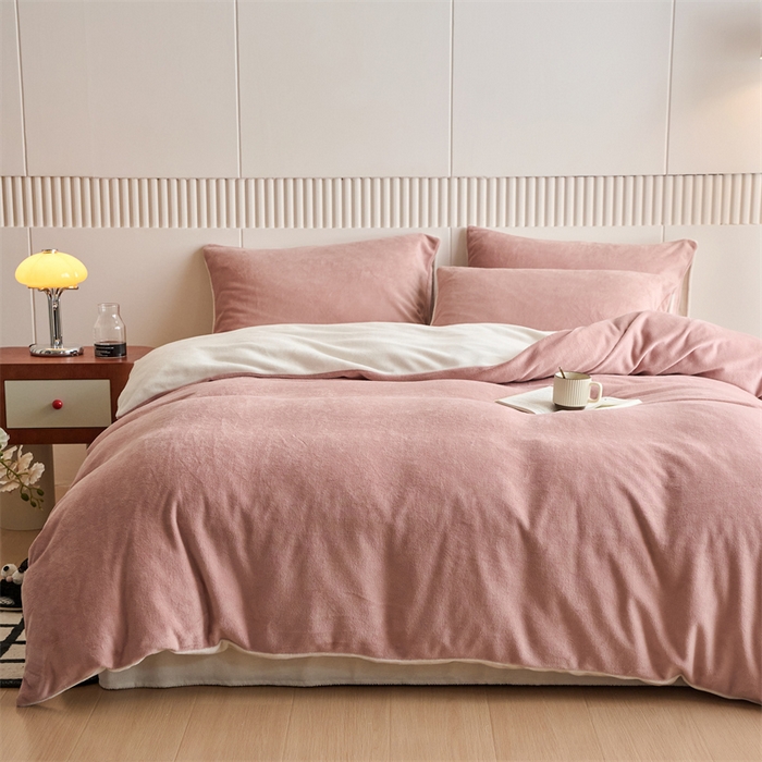 91家纺网 家纺一手货源 找家纺 乐居家纺 2025新款200克重纯色单面绒牛奶绒四件套 星柚粉+奶昔白