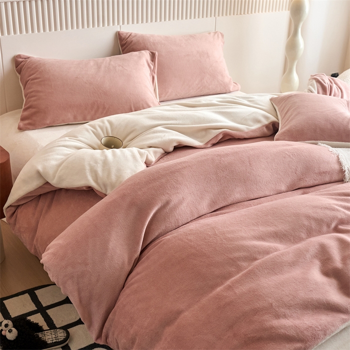 91家纺网 家纺一手货源 找家纺 乐居家纺 2025新款200克重纯色单面绒牛奶绒四件套 星柚粉+奶昔白